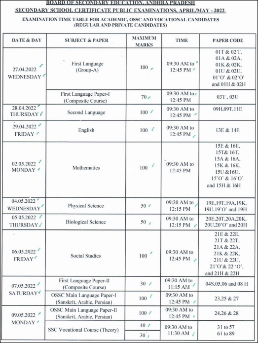 AP SSC Exams Time Table April-May 2022