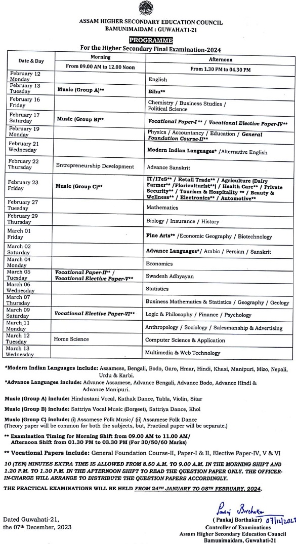 AHSEC Assam Class 12 Exam Time Table 2024