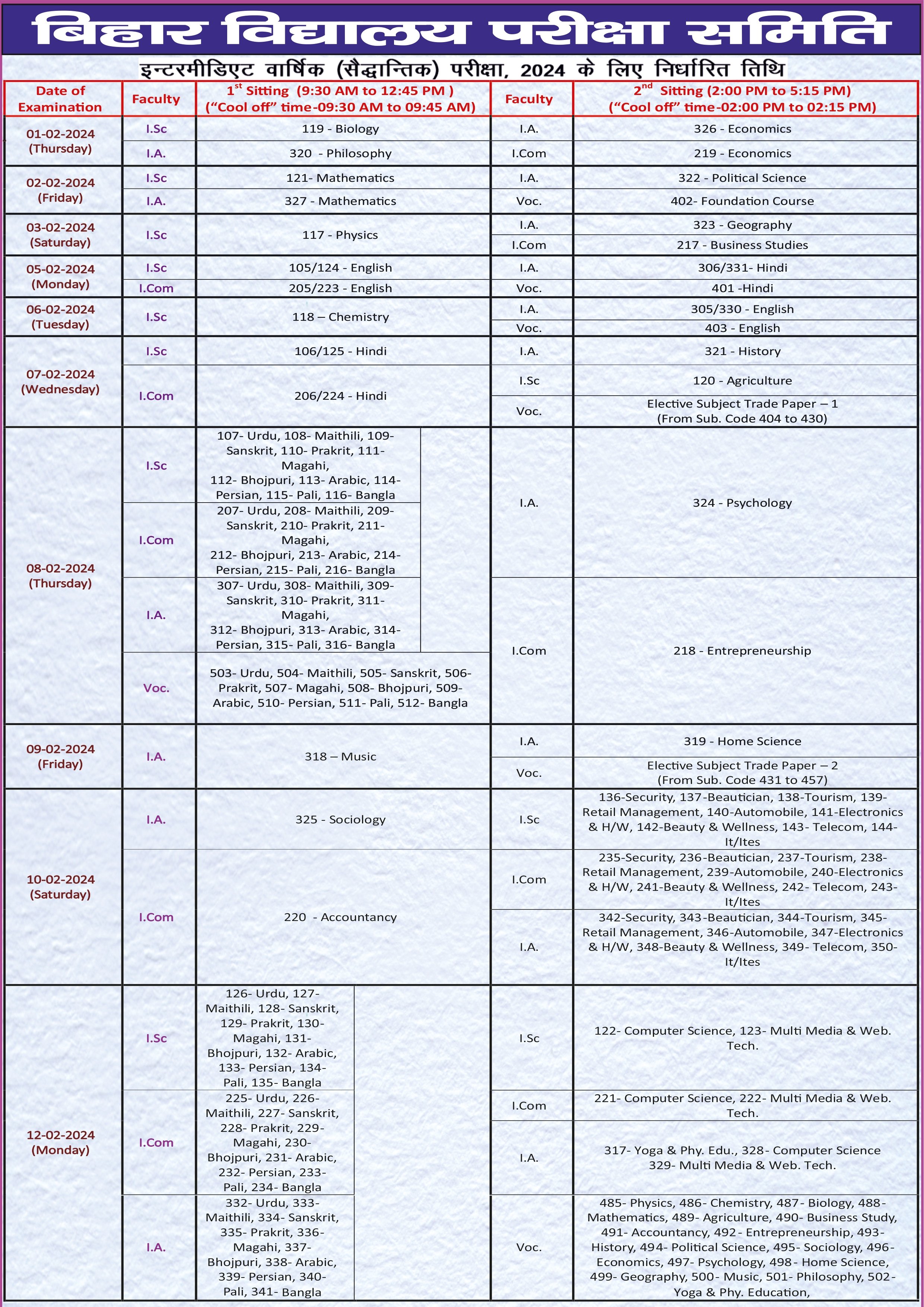 BSEB 12th Time Table 2024
