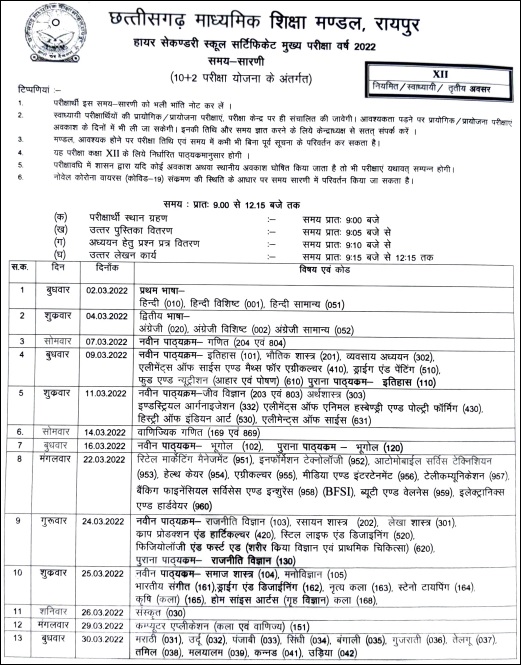 CGBSE Class 12th Time Table 2022