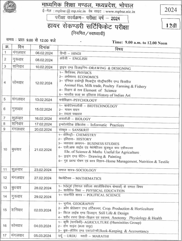 MPBSE 12th Time Table 2024