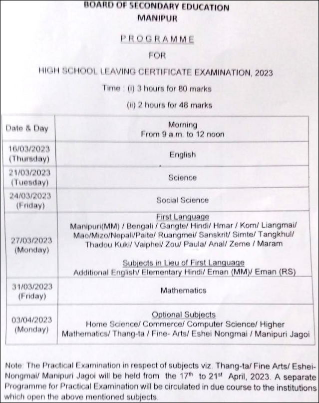 BOSEM Manipur HSLC Exam Date Sheet 2023