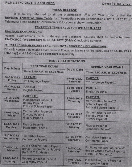 Telangana Inter 1st Year Exams Time Table 2022