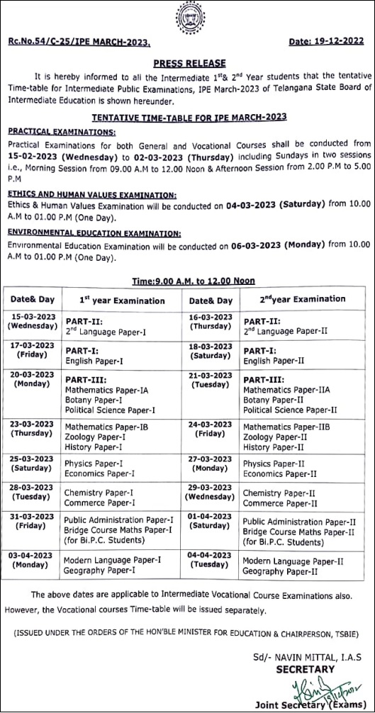 TSBIE Inter Exams Time Table 2023