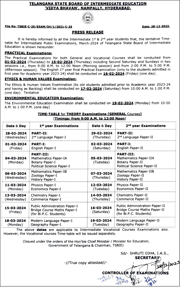 TSBIE Inter Exams Time Table 2024